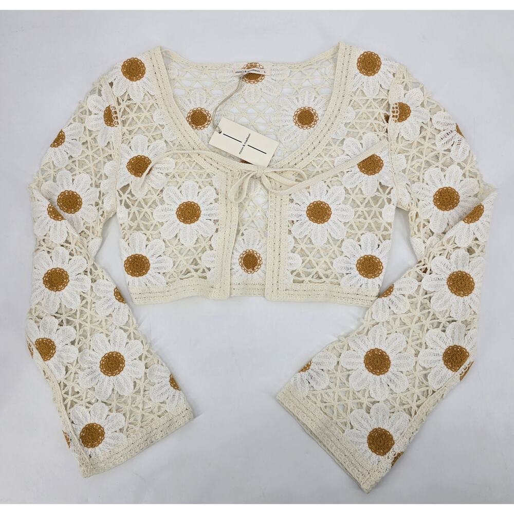 Moon & Madison Crochet Daisy Cardigan Cropped Boho Cottagecore Tie-Front Floral - Picture 4 of 6